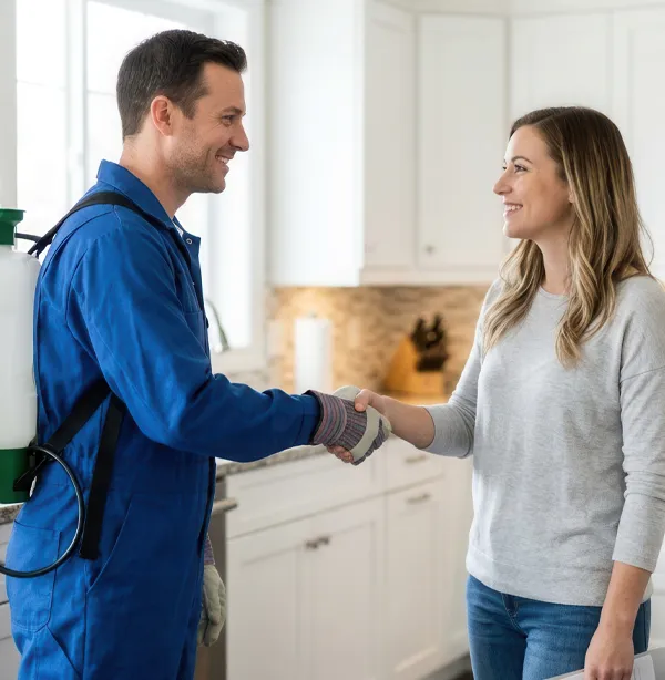 Exterminator talking to customer in home Exterminator talking to customer in home